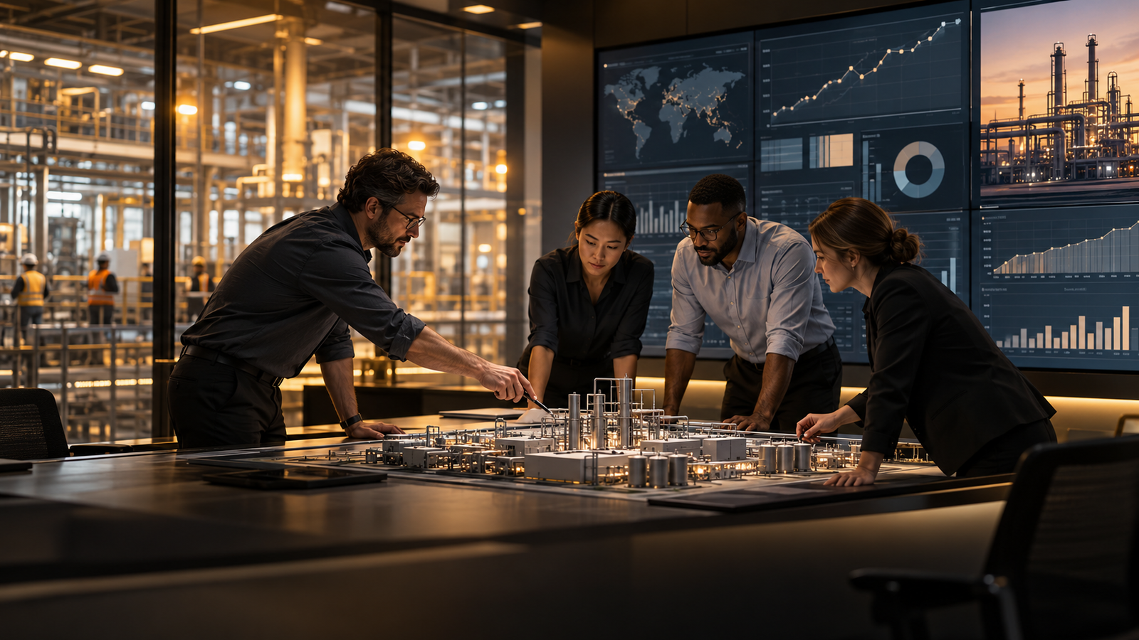 Engineering team connecting operational analysis with sustainable business growth