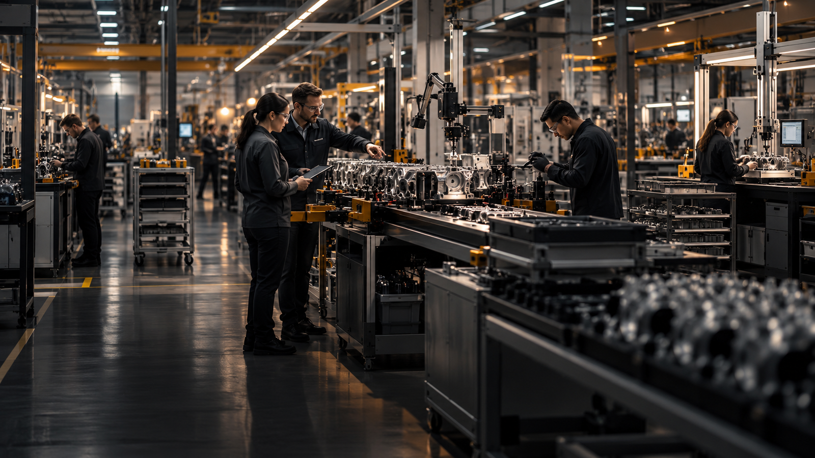 Engineering team improving production flow and operational efficiency